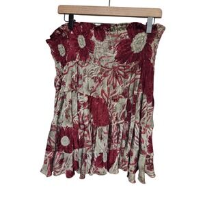 Style Unlimited Floral Ruffle Skirt Smocked Waist Tiered Red‎ Beige Boho